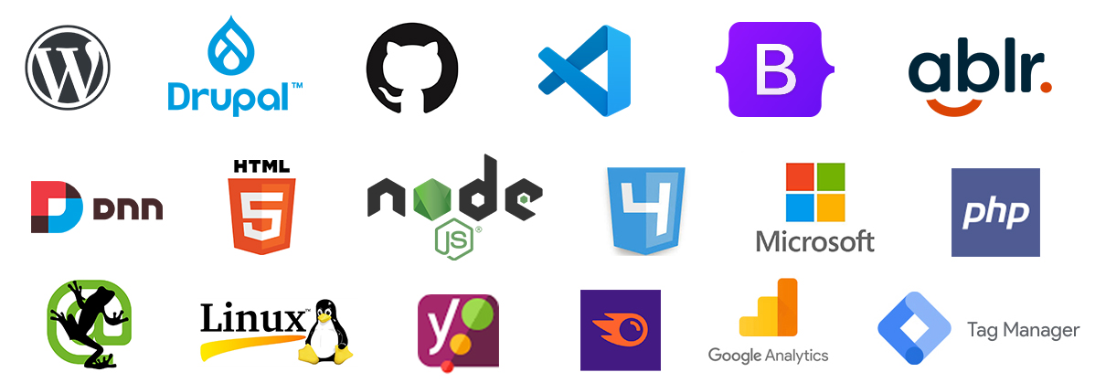 Graphic with website development tools, shows platform, SEO and coding language logos